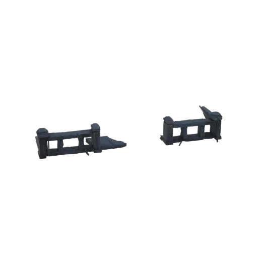3D model of two sections of ancient stone bridge ruins, showing weathered pillars and broken archways against a white backgro