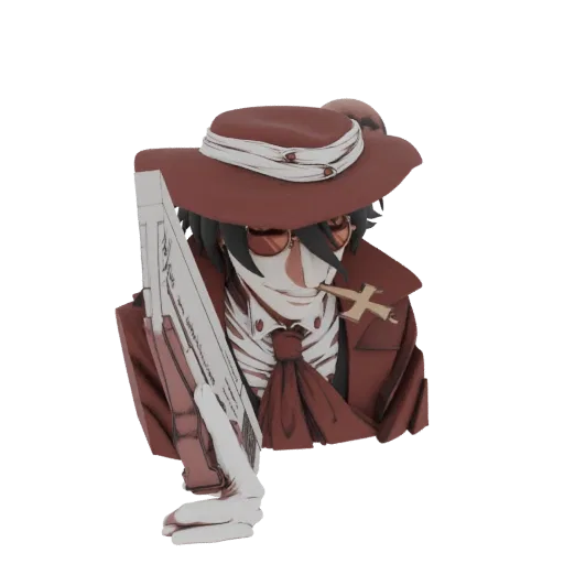 3D model bust of an anime vampire hunter wearing a red fedora and sunglasses, holding a large revolver.