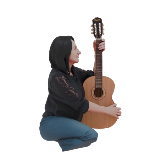 Woman Crouching with Acoustic Guitar