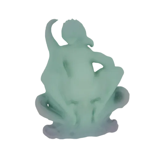 3D model of a mystical nymph with flowing green and purple robes, posed dynamically with one arm raised.
