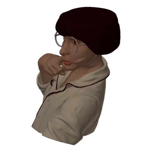 A 3D render of a stylized bust of a woman wearing round glasses and a dark beret, with her hand near her chin.