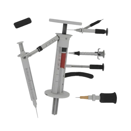 Dental Syringe Model 3D model, three-quarter front view, AR viewer studio render, showing stainless steel, form detail.