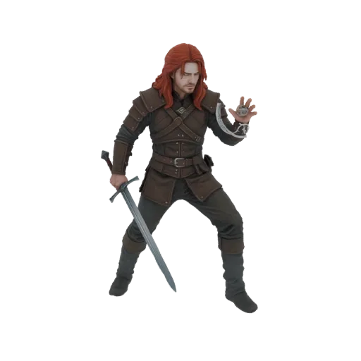 3D model of a male warrior with long red hair, wearing brown leather armor, holding a sword and a circular amulet.