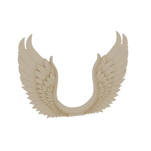 3D model of an ornate arch with large, feathered wings curving upwards on either side, rendered in a light beige stone textur