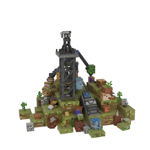 3D model of a Minecraft style drilling rig with tower, mechanisms, and blocky texture on a white background