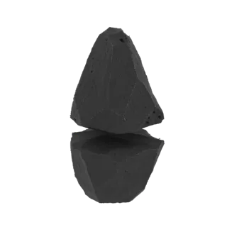 A 3D render of a rough, dark obsidian rock with sharp facets and small pores, casting a reflection on a white surface.