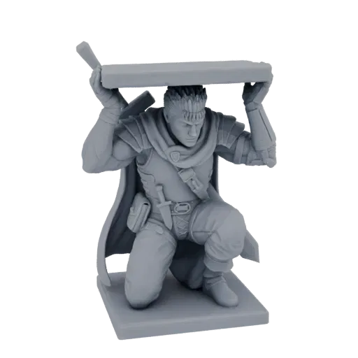 3D model of Guts from Berserk kneeling and holding his Greatsword overhead, rendered in a grayscale style.