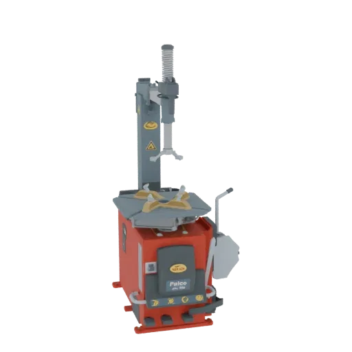3D model of a red and gray tire changer machine with a prominent overhead arm and turntable, set against a white background.
