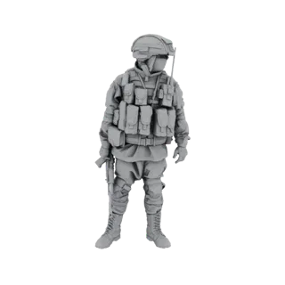 Modelo 3D de soldado moderno con equipo táctico, portando un rifle, sobre fondo blanco.