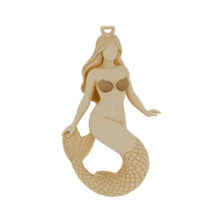 3D model of an elegant mermaid ornament with flowing hair and a shell top, detailed tail, rendered in a light beige tone.