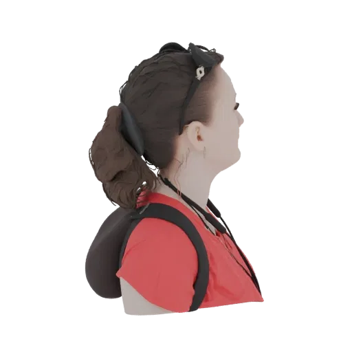 3D model of a woman seen from the side, wearing a red shirt and a black backpack, with dark hair in a ponytail.