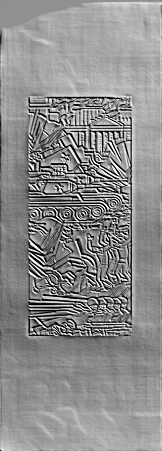 3D model of a bas-relief depicting an ancient monumental scene, including architecture and human figures.