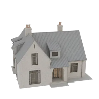 Modelo 3D de uma casa moderna estilo europeu com exterior de tijolo branco, telhado de duas águas e mansarda, sobre fundo bra