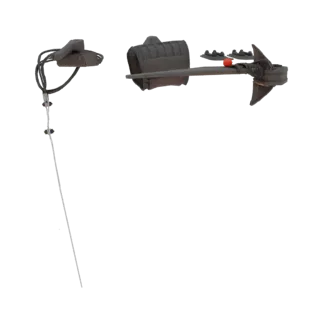 Modelo 3D de un conjunto de palanca de control industrial con acabado metálico gris oscuro, mostrando la palanca, un cable en