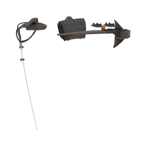 3D model of an industrial control lever assembly with a dark gray metallic finish, showing the lever, a coiled cable, and a c