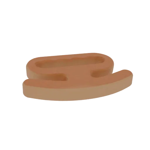 3D model of a beige ergonomic foot rest with a curved support, shown from a side angle.