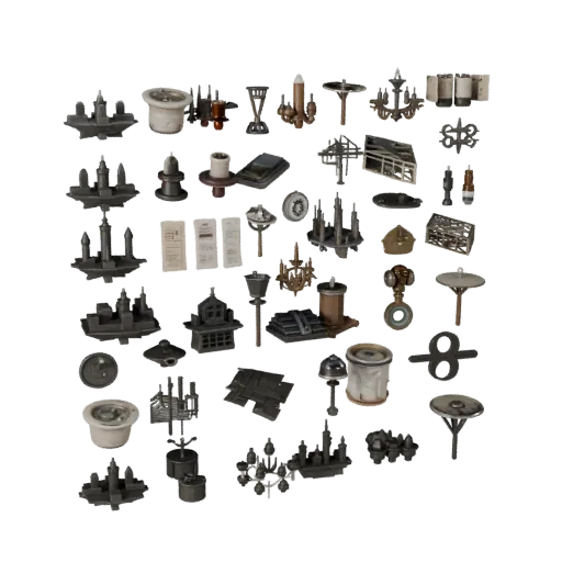 Urban Candle Cluster 3D model, three-quarter front view, Unity viewport, showing paper-like cards, small readable forms.