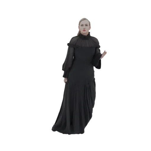 3D model of a gothic woman wearing a long, flowing black dress with ruffled details, posed elegantly.