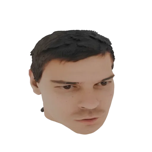 3D model render of a male head with short dark hair, looking intensely to the side with a neutral expression.