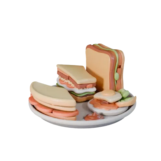 Sandwich Product Viz 3D model, three-quarter studio product render, showing sauces, plated composition.