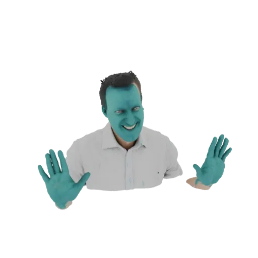 3D model of a man with a teal face and hands, wearing a white shirt, with arms outstretched.