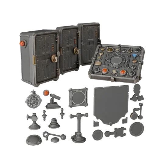 Modèle 3D Plaque de pression de donjon, vue trois-quarts avant, viewport Unity, montrant charnières métalliques, détails de f