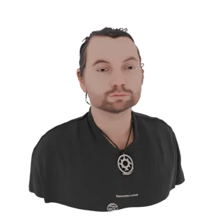 Render 3D di un busto maschile generato da IA con capelli scuri, barba e collana con ciondolo, su sfondo bianco.