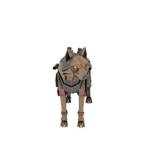 A 3D model of a geometric steampunk wolf with glowing orange eyes and intricate mechanical details, standing on a white backg