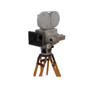 A 3D render of a vintage film camera with dual reels and a lens, mounted on a wooden tripod, against a black background.
