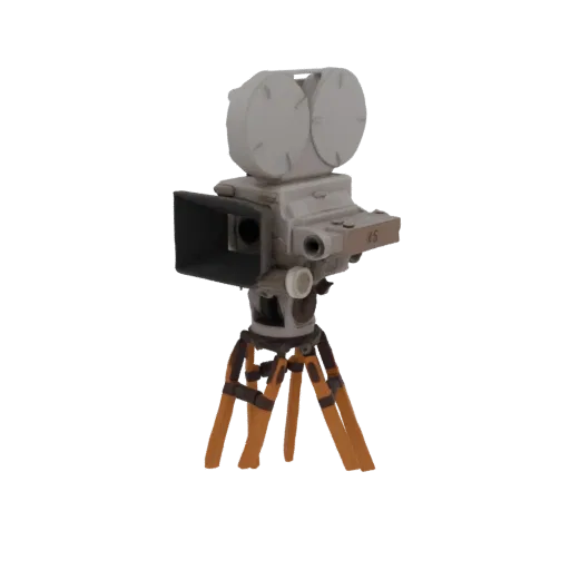 A 3D render of a vintage film camera with dual reels and a lens, mounted on a wooden tripod, against a black background.