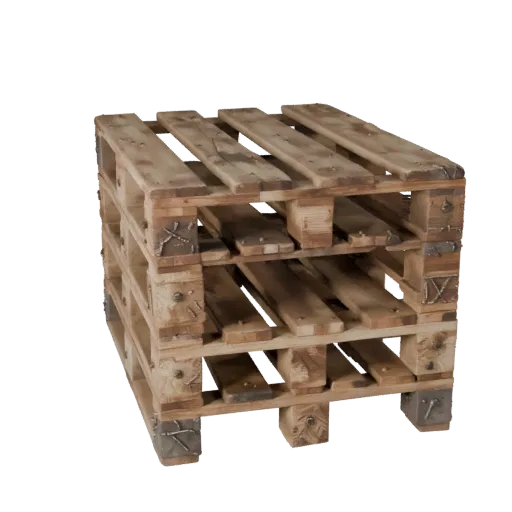 Modello 3D stilizzato di Bancale Industriale in Legno, rendering isometrico stilizzato, che mostra assi di legno, massa impil