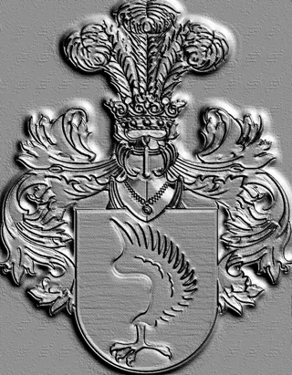 3D model of an engraving-style coat of arms bas-relief with a bird and crown