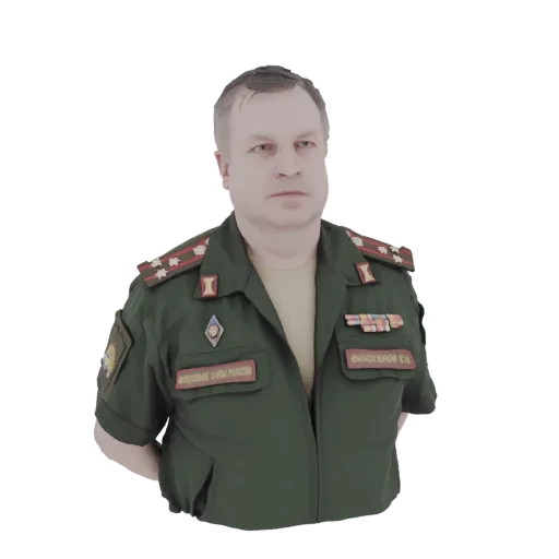Rendu 3D d'un buste d'officier militaire russe portant un uniforme vert avec médailles et insignes.