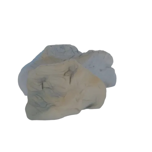 A 3D render of an abstract, organic rock formation with textured surfaces in shades of beige and light blue.