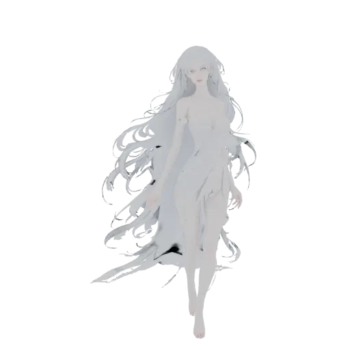 A 3D render of an ethereal female spirit with long white hair and a flowing white gown against a black background.