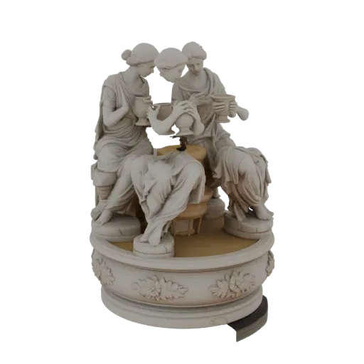 3D model of a classical fountain featuring three draped female figures, the Three Graces, gathered around a central urn with