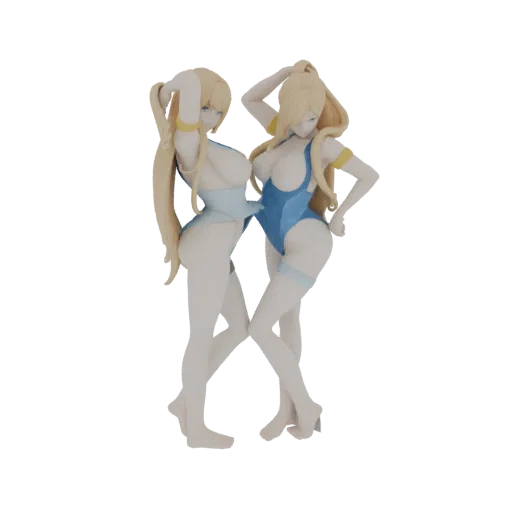 3D model of two anime-style girls in blue beachwear, posing dynamically against a black background.