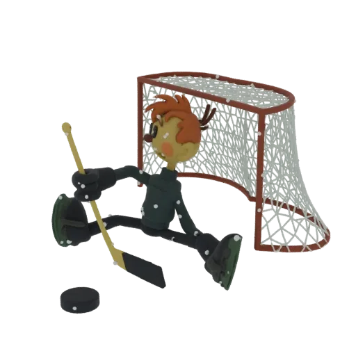 3D model of a claymation hockey goalie in a diving pose, with a hockey net and puck in the background.