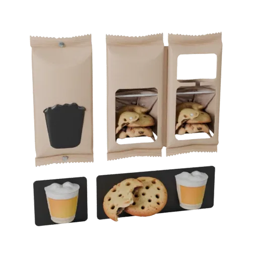 Sealed Cookie Pack 3D model, three-quarter front view, AR viewer studio render, showing cardboard, package massing.