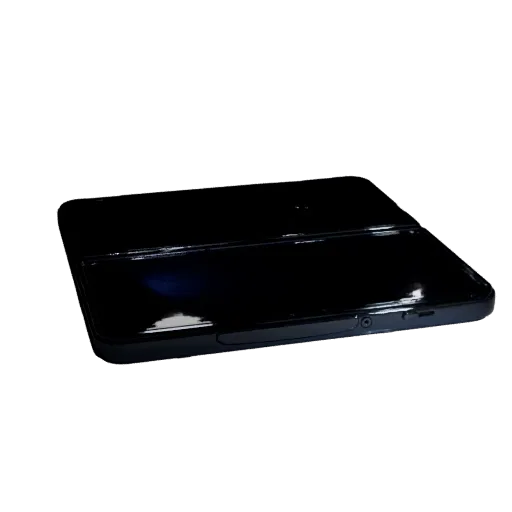 Foldable Retro Mobile Phone Low Poly 3D model, game viewport three-quarter view, showing glass screens, form detail.