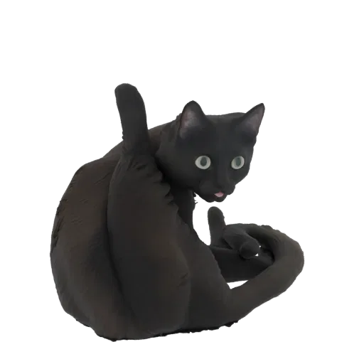 3D model of a black cat with green eyes, in a playful grooming pose, with one leg raised.