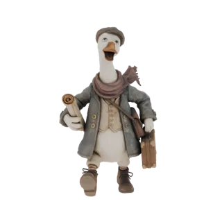 3D model of an anthropomorphic goose dressed as a traveler, holding a scroll and a suitcase, wearing a coat, scarf, and cap.
