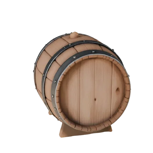 Medieval Barrel 3D model, three-quarter front view, Unity viewport, showing wood planks, stackable massing.