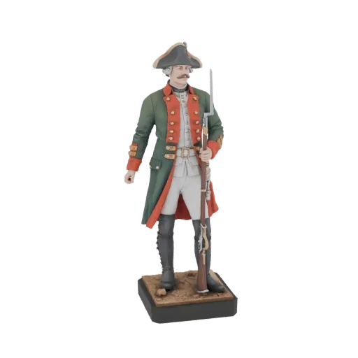 3D model of an 18th-century Russian infantryman in a green coat, white breeches, and tricorn hat, holding a musket.
