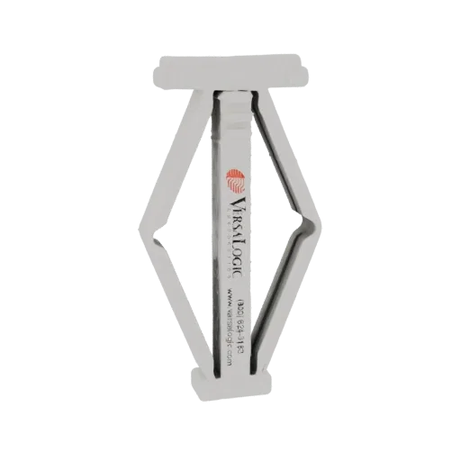 3D model of a VersaLogic Corporation product with a metallic finish and a prominent scissor clamp mechanism.