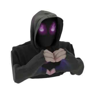 3D model of a mysterious figure in a black hoodie with glowing purple eyes and hands forming a heart shape.