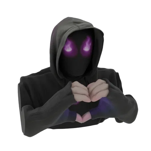 3D model of a mysterious figure in a black hoodie with glowing purple eyes and hands forming a heart shape.