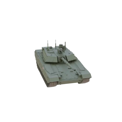 A 3D model of a modern olive green main battle tank viewed from a three-quarter front angle against a black background.
