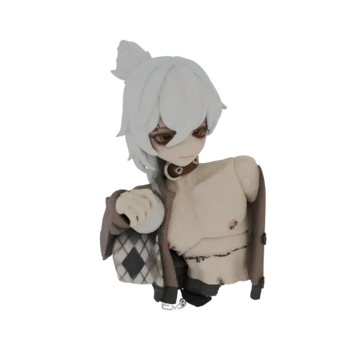 3D model of an anime-style doll bust with white hair, amber eyes, a choker, and an argyle sweater.