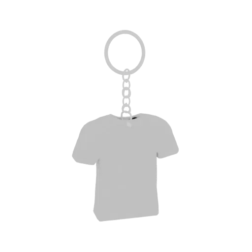 A 3D render of a gray T-shirt shaped keychain charm with a ring and chain, against a black background.